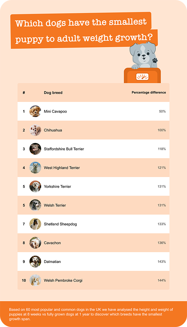 Which dogs have the smallest puppy to adult weight growth image